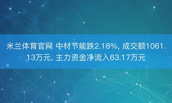 米兰体育官网 中材节能跌2.18%， 成交额1061.13万元， 主力资金净流入63.17万元